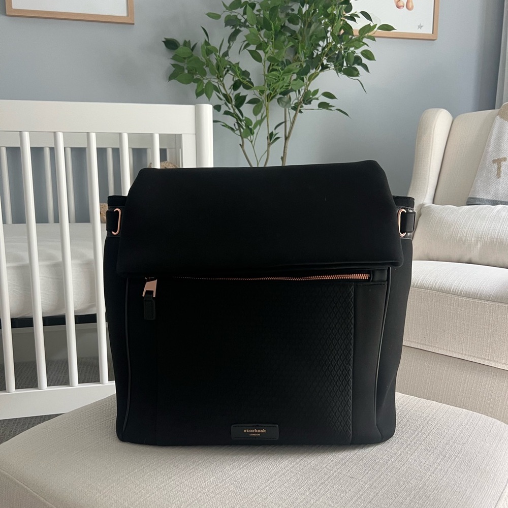 Storksac Luxury Black Diaper Bag with Rose Gold Accents